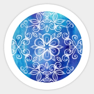 White Floral Painted Pattern on Blue Watercolor Sticker